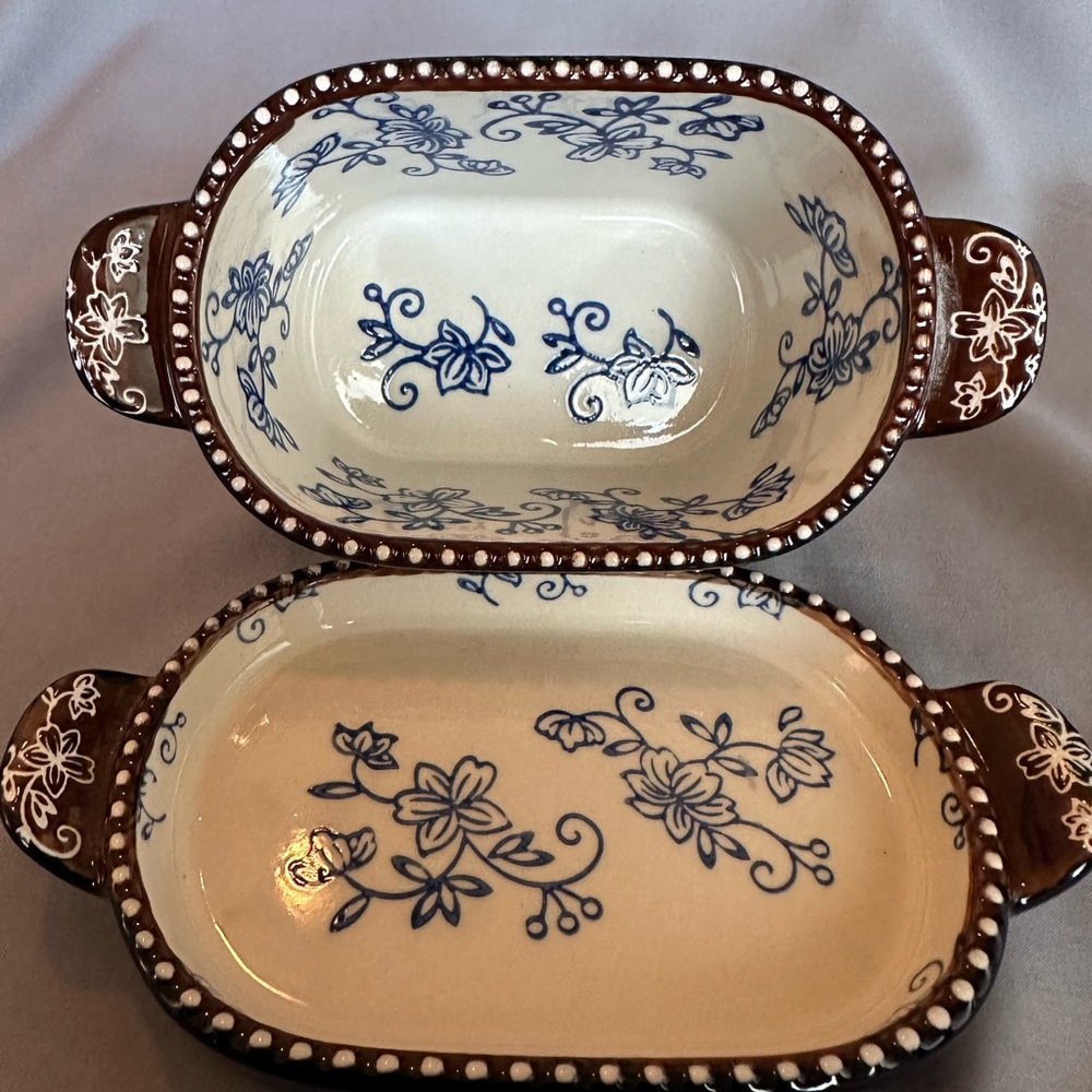 Temptations 10oz Baking Dish - Set of 2 - Floral Lace - Cobalt Blue White Brown - Picture 5 of 10